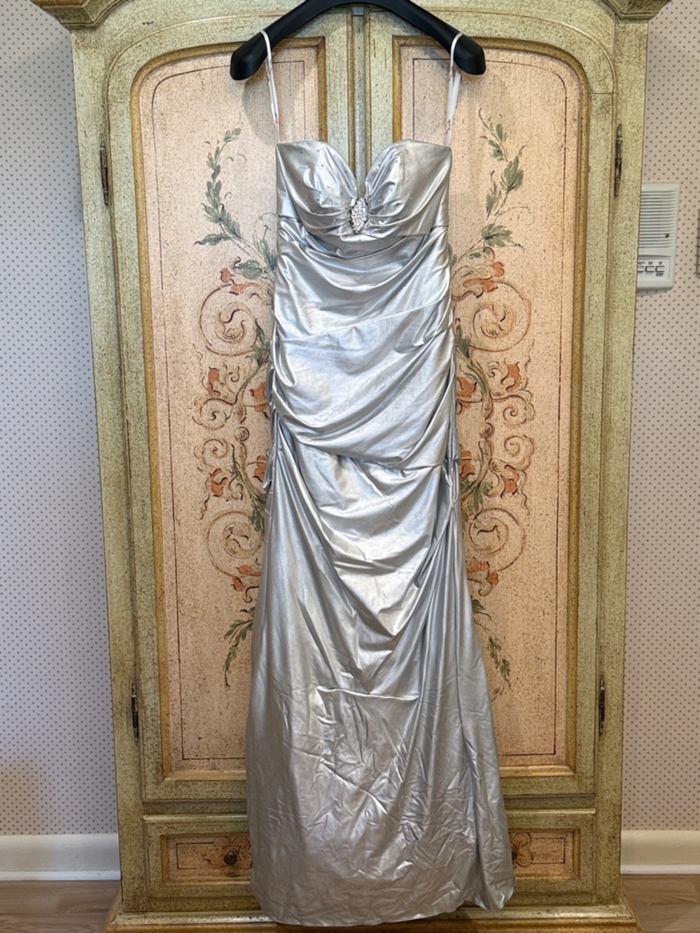 Silver Metallic Strapless Evening Gown